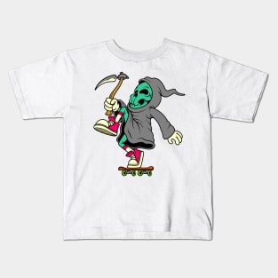 grim reaper on skateboard cartoon Kids T-Shirt